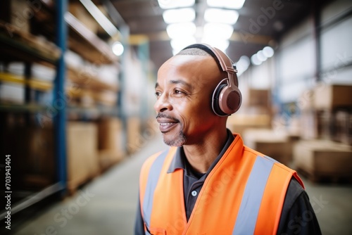 warehouse worker with headset coordinating inventory tasks photo