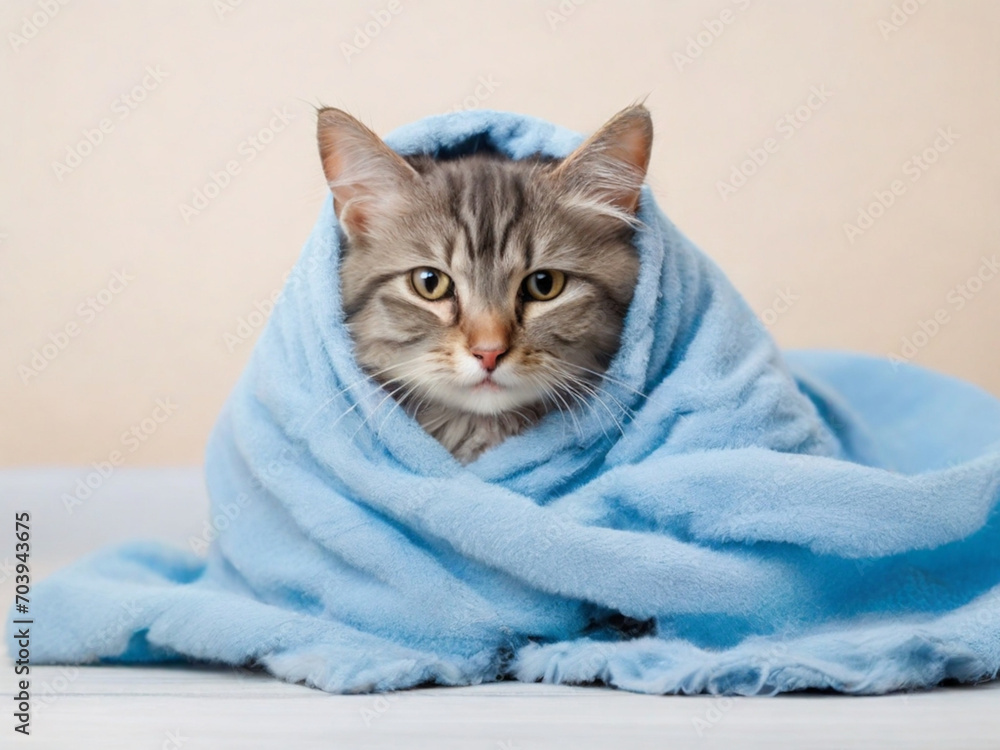 Cute little kitten peeking out from under the soft warm blue blanket ai image 