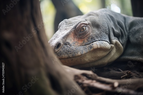 komodo dragon resting in the shade of trees