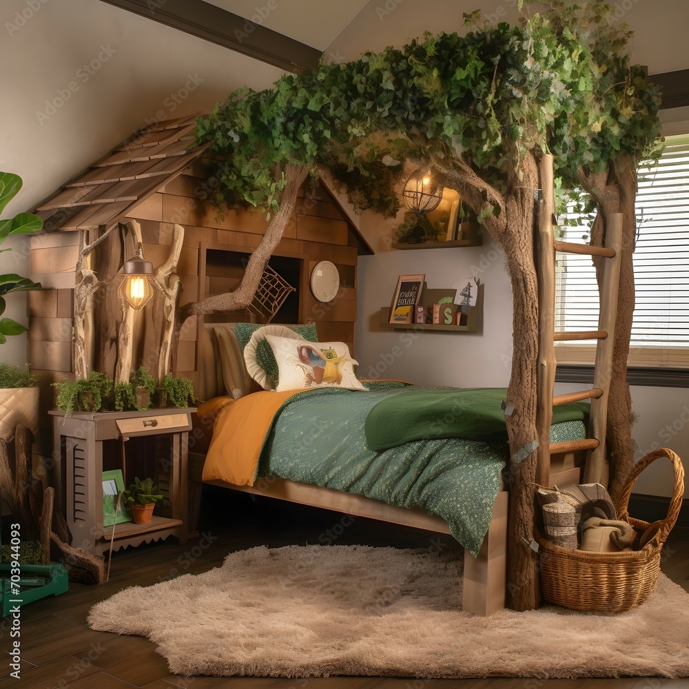 An image of a kid s bedroom with a treehouse theme, featuring a bed