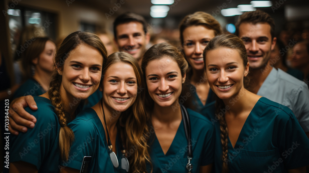Portrait of a diverse group of doctors and medical workers in a hospital with a stethoscope Portrait of a diverse group of doctors and medical workers in a hospital with a stethoscope