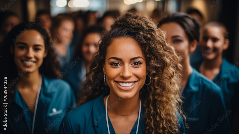 Portrait of a diverse group of doctors and medical workers in a hospital with a stethoscope Portrait of a diverse group of doctors and medical workers in a hospital with a stethoscope