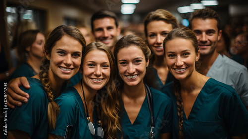 Portrait of a diverse group of doctors and medical workers in a hospital with a stethoscope