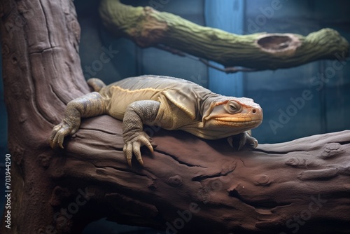 monitor lizard resting on a large tree bough photo