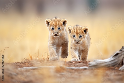two lion cubs following their mother
