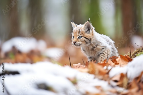 young lynx cub exploring snowy forest floor