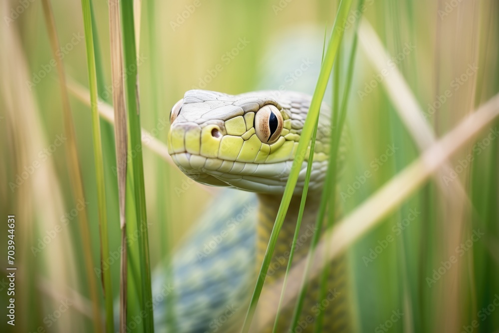 Fototapeta premium green mamba in tall grass, hood expanded