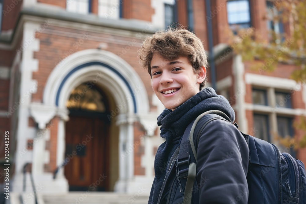 Fototapeta premium Smiling teenage boy with school bag in front of school 