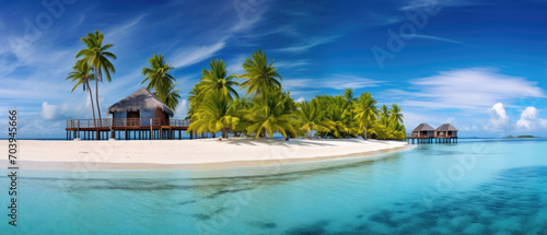 beautiful view of a tropical island with traditional wooden resort buildings  blue sky  expanse of sea  clear water and coconut trees created with Generative AI Technology