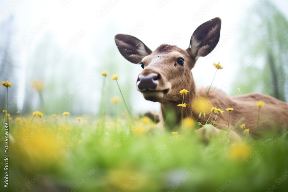 young moose lying in a field of dandelions young moose lying in a field of dandelions