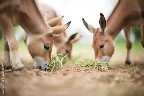 mules nibbling on shrubs, dust stirred by their motion photo