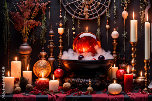 burning candle, moon symbol, amulet and ball lying on a dark natural background. Witchcraft, esoteric spiritual ritual. holiday of the autumn equinox. photo Playground AI platform.