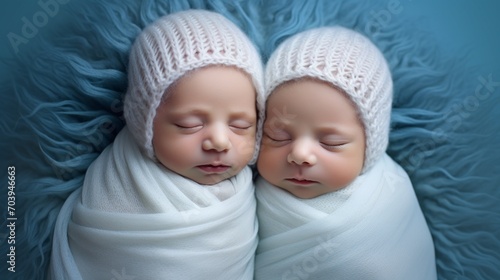 Top view of two sleeping newborn twin boys wearing white cocoons and a knitted hat on a blue background. Studio professional close-up portrait. New life, family and children concepts.