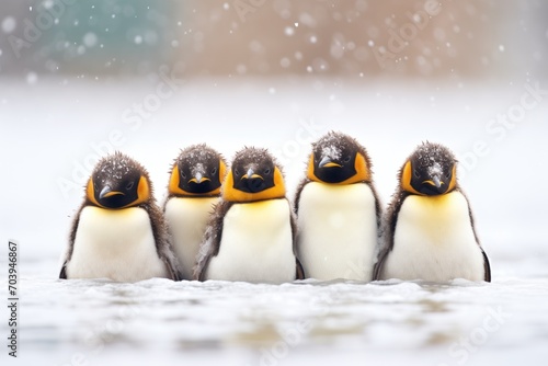 a group of emperor penguins huddled during a snowstorm