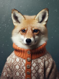 Fox in a knitted sweater with falling snow. The concept mixes wildlife with human-like attire and poise.