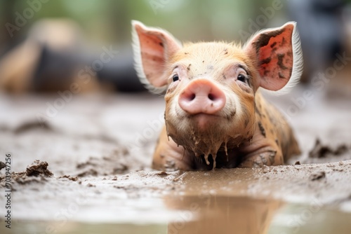 young pig playing in a mud bath photo