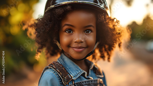 Protect and safety concept,n the context of safety awareness, an African American four-year-old girl is in a helmet, for a scooter, bicycle, or balance bike. AI Generated photo