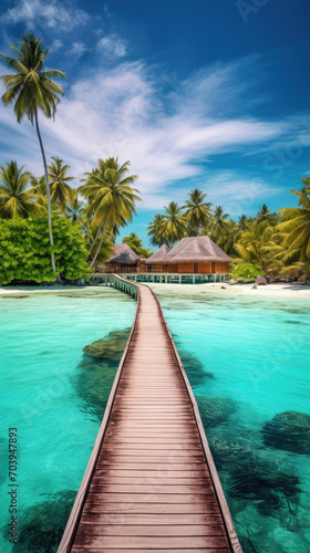 Beautiful view of a tropical paradise island with traditional wooden resort buildings, blue sky, expanse of sea, clear water and coconut trees created with Generative AI Technology
