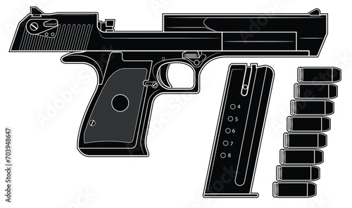 Vector illustration of the Desert Eagle automatic pistol  with the breech in the rear position and the magazine and cartridges on a white background. Black. Right side.