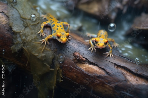 two salamanders under a log in a damp habitat