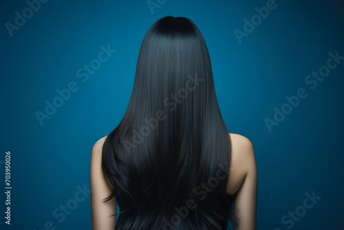 Flowing Natural Black Hair Against Blue Drapery