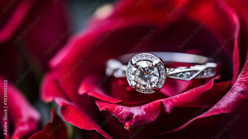 An engagement ring on red rose bouquet, marriage proposal and wedding anniversary concept, romantic valentine s day background. An engagement ring on red rose bouquet, marriage proposal and wedding anniversary concept, romantic valentine s day background.