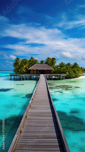 beautiful view of a tropical island with traditional wooden resort buildings, blue sky, expanse of sea, clear water and coconut trees created with Generative AI Technology © AstraNova