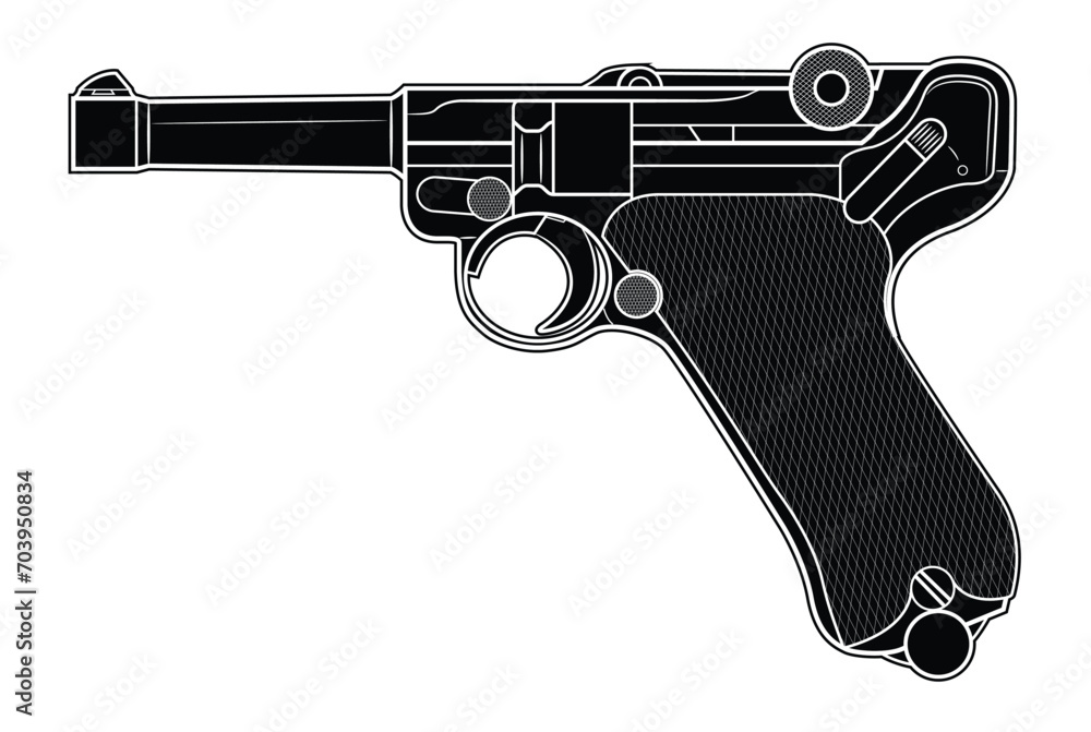 Vector illustration of the P08 Luger german automatic pistol on the white background. Black. Left side.