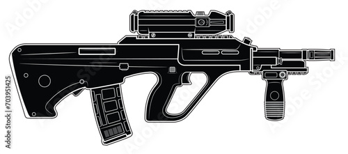 Vector illustration od the Steyr AUG bullpup automatic rifle with short barrel and telescopic sight. Black. Right side.