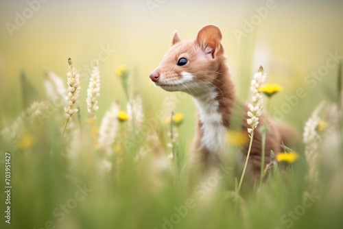 stoat with bushy tail curled in a floral meadow