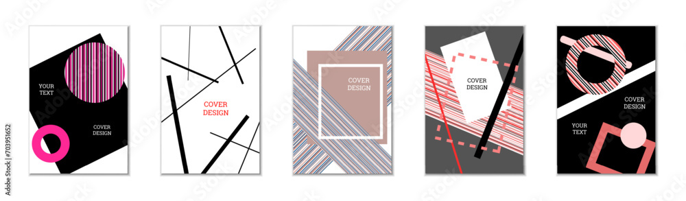 Geometric cover design, set of 5 covers. Abstract unusual background in Memphis style. Bright geometric shapes in random order Geometric cover design, set of 5 covers. Abstract unusual background in Memphis style. Bright geometric shapes in random order