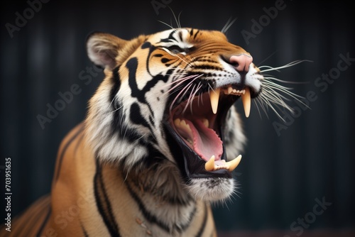 sumatran tiger yawning  showcasing sharp teeth
