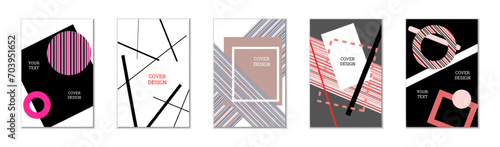Geometric cover design, set of 5 covers. Abstract unusual background in Memphis style. Bright geometric shapes in random order