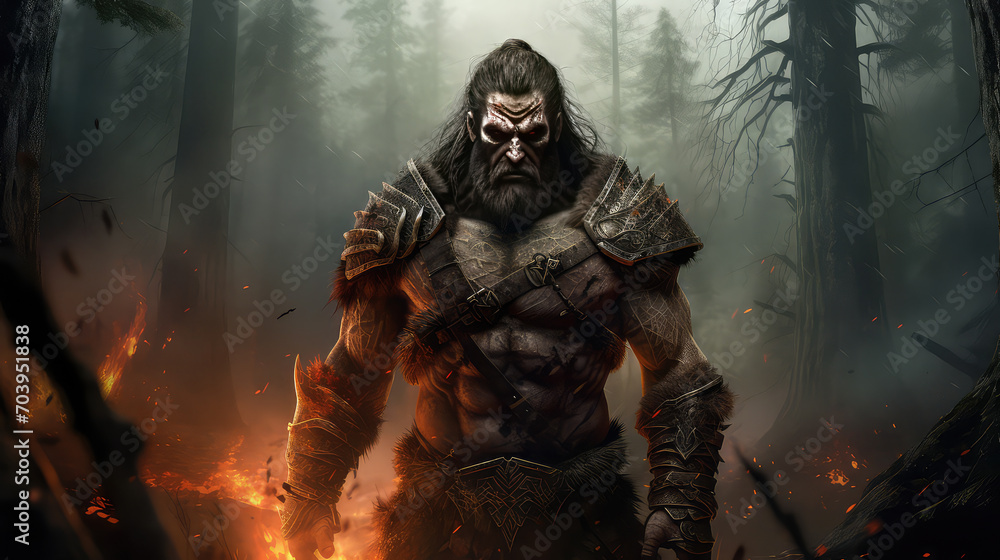 Naklejka premium Scary Viking in the forest