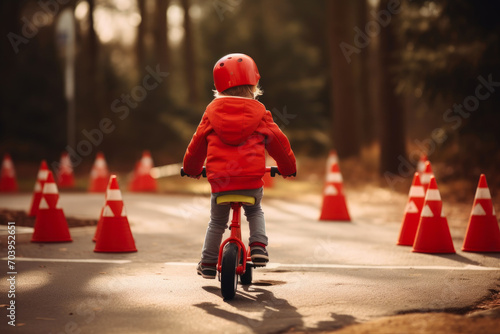 Youngster mastering bike riding near road cones photo