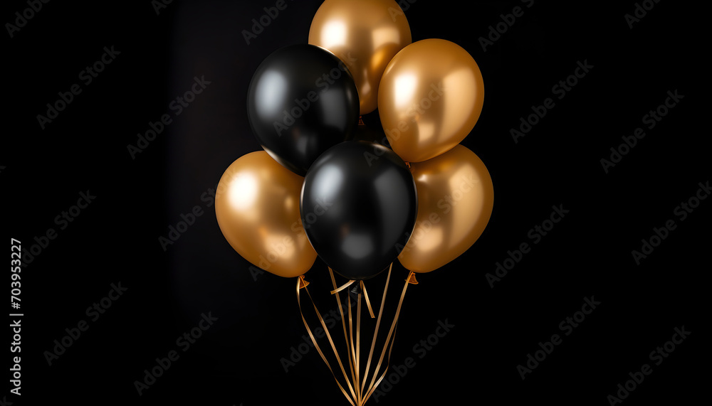 many gold and black balloons on black background top view many gold and black balloons on black background top view