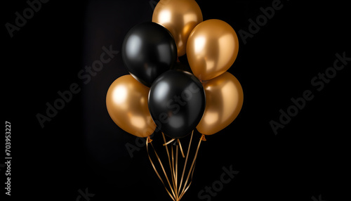many gold and black balloons on black background top view