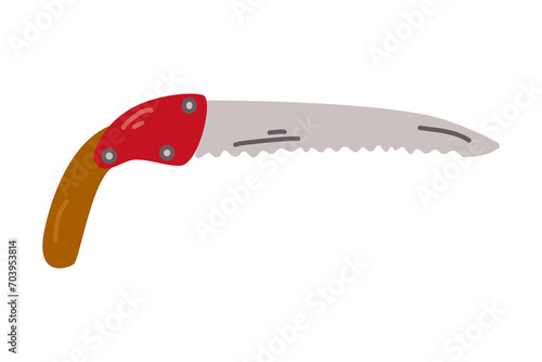 Pruning saw cartoon drawing isolated on white background. Garden saw clipart. Hand drawn pruning saw. Hand saw for pruning trees. Vector design