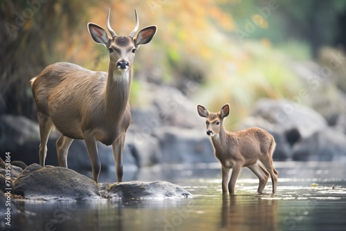 mother waterbuck and calf at riverside