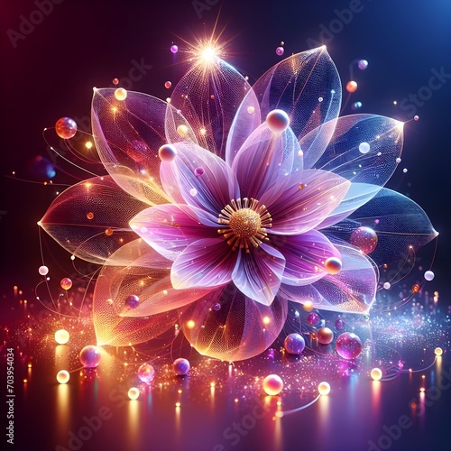 Flower with viola transparent silk petals and many bright white lights with red, gold, purple and blue reflections. 