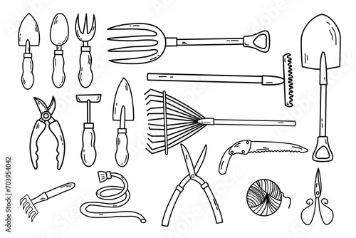 Gardening tools doodle style illustration. Garden hobby equipment isolated vector object set.Different doodle elements set for garden work photo