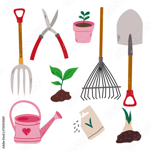 Collection of garden tools and plants. Gardening or horticulture concept.  Perfect for scrapbooking, greeting card, party invitation, poster, tag, sticker kit. Vector illustration.