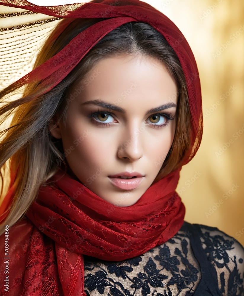 portrait of a gorgeous girl with a red scarf around her head