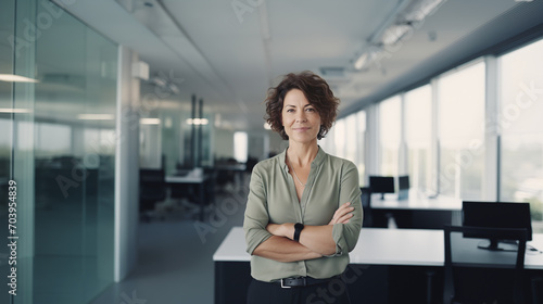 Middle-aged businesswoman with curly hair confidently stands in a modern office with her arms crossed, exuding leadership and professionalism. Concept of a successful career and experienced management © SkyLine