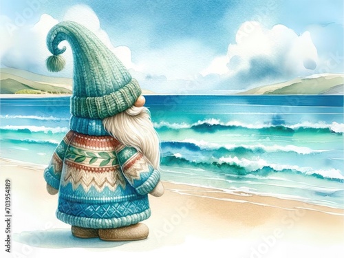 Cute gnome on the beach. Watercolor painting illustration.
