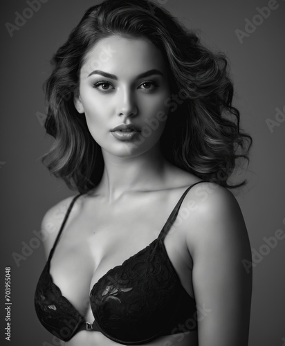 portrait of a natural gorgeous woman in a lingerie doing a boudoir photoshoot. Black and white