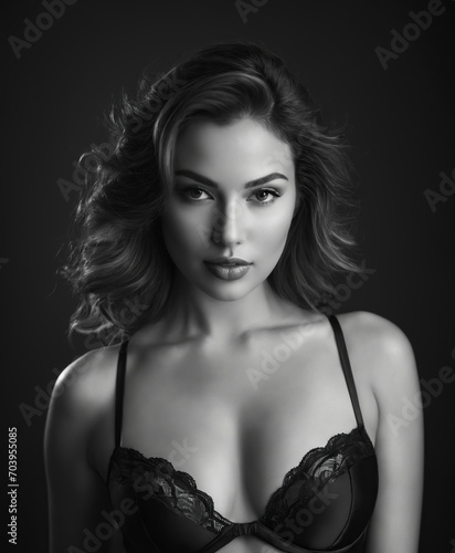 portrait of a natural gorgeous woman in a lingerie doing a boudoir photoshoot. Black and white