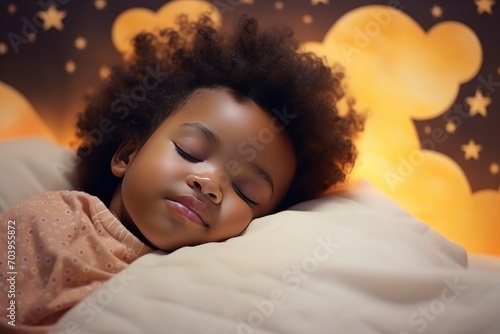 Fototapete A cute little African child with curly black hair is sleeping on a bed