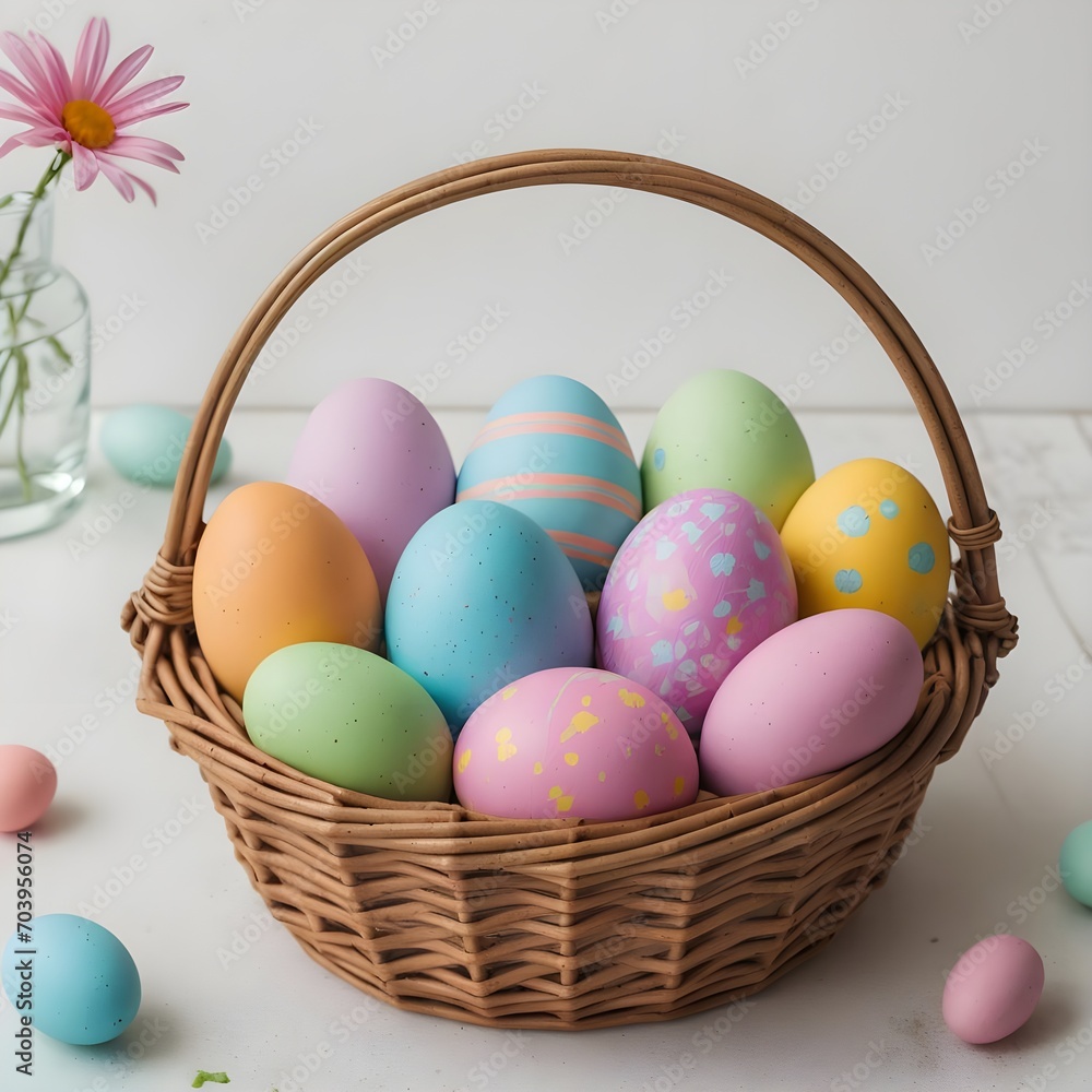 Woven basket full of pastel colored colorful Easter eggs: Happy Easter background with copy space for text