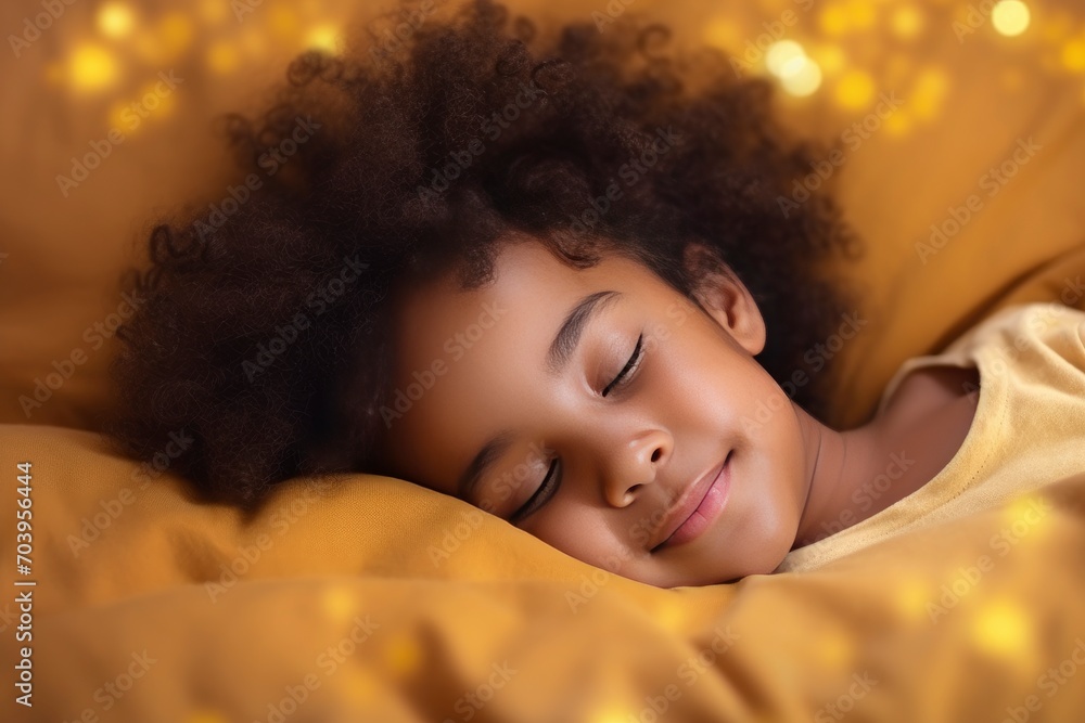 A cute little African child with curly black hair is sleeping on a bed. Close your eyes and have a small, prominent nose. world sleep day concept - generative ai A cute little African child with curly black hair is sleeping on a bed. Close your eyes and have a small, prominent nose. world sleep day concept - generative ai